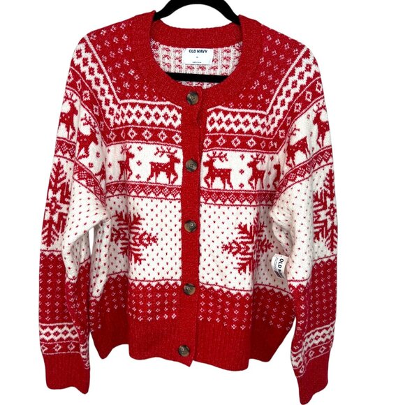 Old Navy red & white reindeer & snowflakes sweater button front Size XL - Picture 1 of 15
